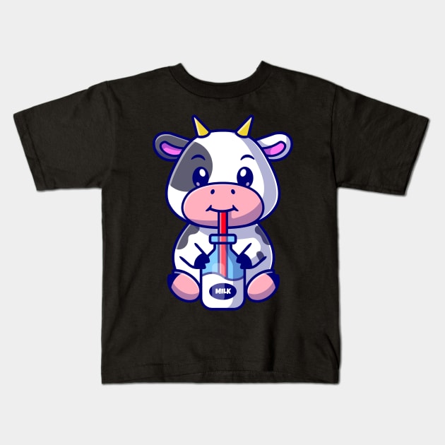 Cute Cow Drink Milk Cartoon Kids T-Shirt by Catalyst Labs